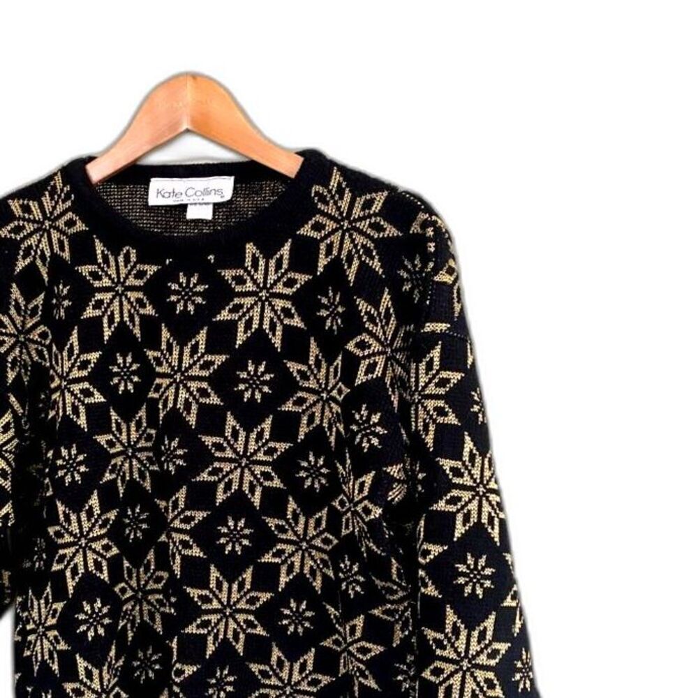 KATE COLLINS vintage metallic gold snowflake sweater holiday winter Granny Glam